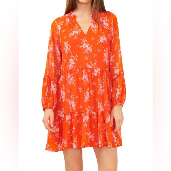 Vince Camuto Dresses & Skirts - Vince Camuto Floral Tiered V‑Neck Women's Dress in Orange - Summer, Spring